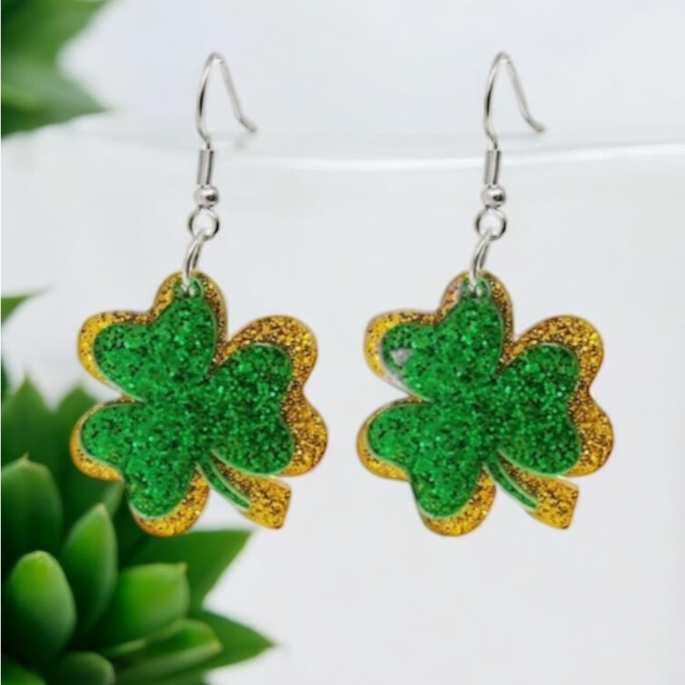 Irish Shamrock Clover Earrings Glitter Green Acrylic Dangle Drop Earrings